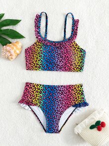 Conjunto de bikini con estampado de leopardo y ribete de volantes para niña preadolescente, verano playa - Multicolor - Ver 5