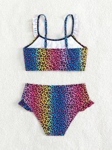 Conjunto de bikini con estampado de leopardo y ribete de volantes para niña preadolescente, verano playa - Multicolor - Ver 2