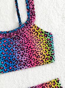 Conjunto de bikini con estampado de leopardo y ribete de volantes para niña preadolescente, verano playa - Multicolor - Ver 3
