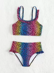 Conjunto de bikini con estampado de leopardo y ribete de volantes para niña preadolescente, verano playa - Multicolor - Ver 1