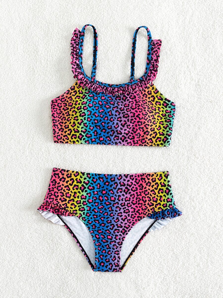 Conjunto de bikini con estampado de leopardo y ribete de volantes para niña preadolescente, verano playa - Multicolor - Ver 1