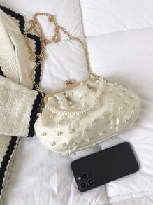 人造珍珠裝飾吻鎖雲朵包 - 白色 - 查看 8