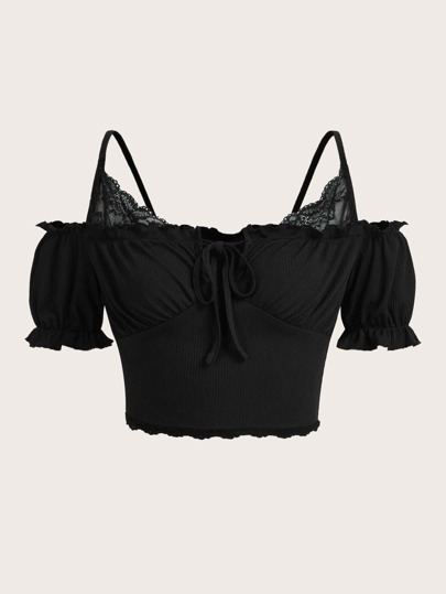 Grunge Punk Women Solid Color Lace Patchwork Short Sleeve T-Shirt, 2 In 1