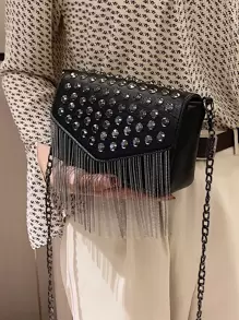 DareSee Bolso cuadrado con solapa, decorado con tachuelas y flecos, ideal para festivales de música, festivales Y2K, vuelta al colegio, otoño, Navidad e invierno. Regalo de Navidad.