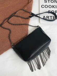 DareSee Bolso cuadrado con solapa, decorado con tachuelas y flecos, ideal para festivales de música, festivales Y2K, vuelta al colegio, otoño, Navidad e invierno. Regalo de Navidad.