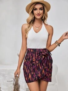 SHEIN Frenchy Allover Print Knot Side Wrap Skirt Winter Casual - Multicolor - View 5