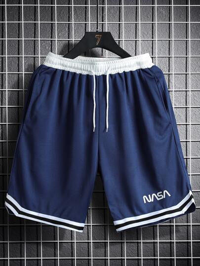 Guys Letter Graphic Striped Trim Drawstring Waist Shorts