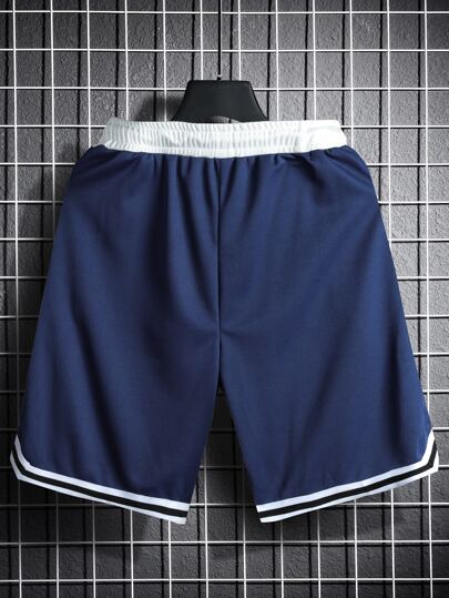 Guys Letter Graphic Striped Trim Drawstring Waist Shorts