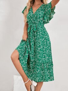 SHEIN Frenchy 碎花蝴蝶袖荷葉邊連衣裙 - 綠色 - 查看 2