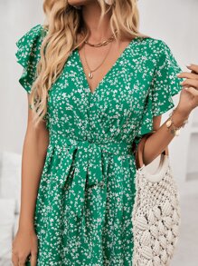 SHEIN Frenchy 碎花蝴蝶袖荷葉邊連衣裙 - 綠色 - 查看 3