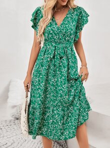 SHEIN Frenchy 碎花蝴蝶袖荷葉邊連衣裙 - 綠色 - 查看 4