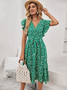 SHEIN Frenchy 碎花蝴蝶袖荷葉邊連衣裙 - 綠色 - 查看 6