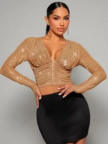 SHEIN SXY Plunge Neck Ruched Sequin Crop Tee - Camel - View 4