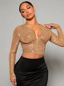 SHEIN SXY Plunge Neck Ruched Sequin Crop Tee - Camel - View 1
