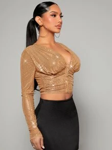 SHEIN SXY Plunge Neck Ruched Sequin Crop Tee - Camel - View 3