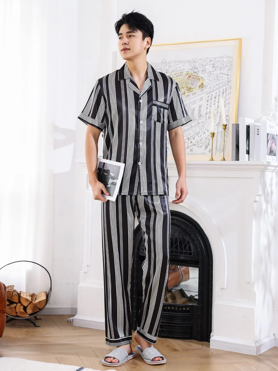 Men Striped Print Satin PJ Set - Multicolor - View 1