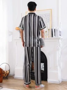 Men Striped Print Satin PJ Set - Multicolor - View 2