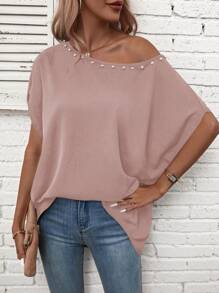 SHEIN LUNE 珍珠串珠蝙蝠袖襯衫 - 藕粉色 - 查看 1