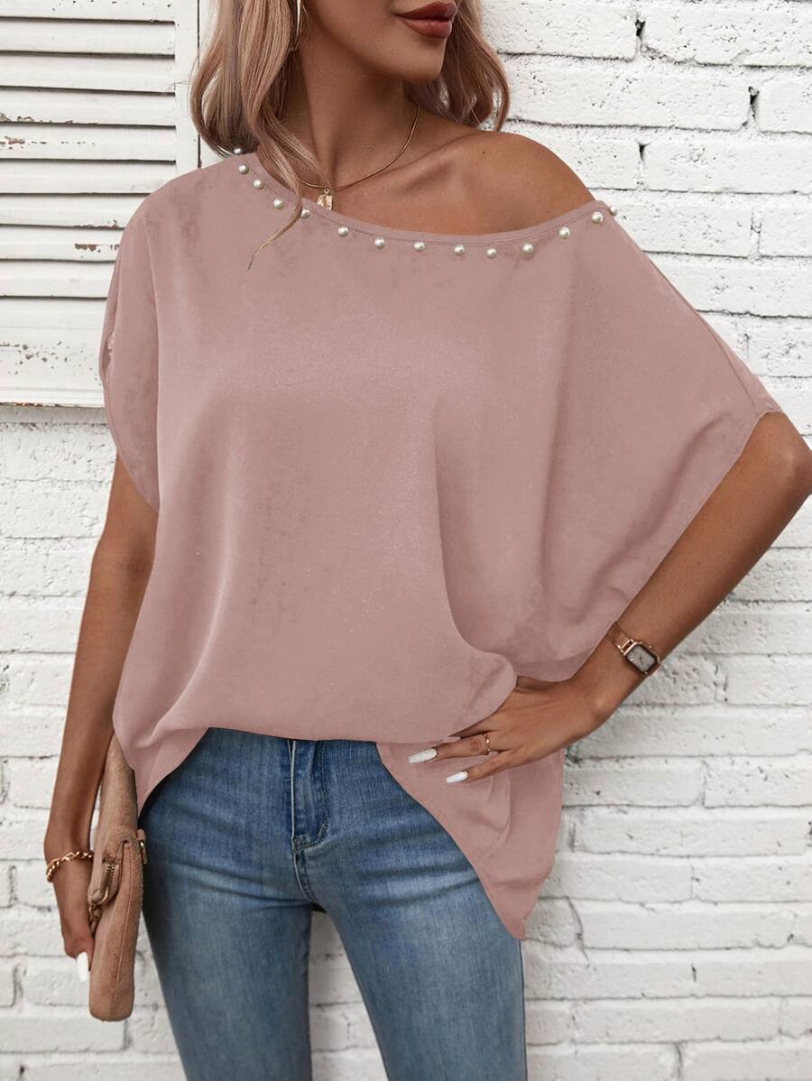 SHEIN LUNE 珍珠串珠蝙蝠袖襯衫 - 藕粉色 - 查看 1