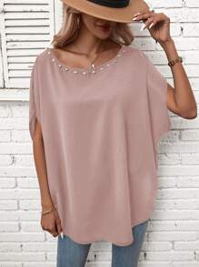 SHEIN LUNE 珍珠串珠蝙蝠袖襯衫 - 藕粉色 - 查看 4