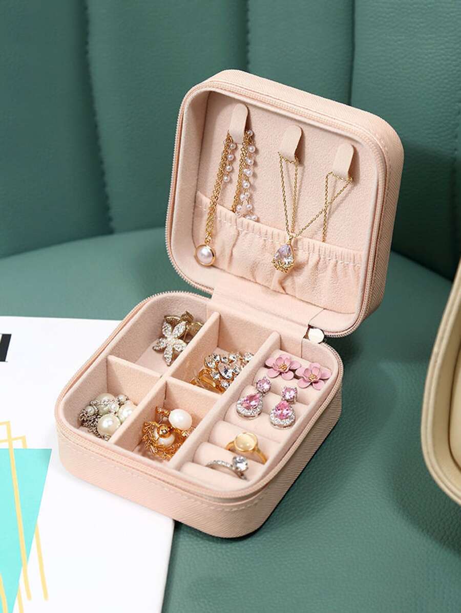 1pc Travel Portable Pu Leather Jewelry Storage Box - Pink - View 1