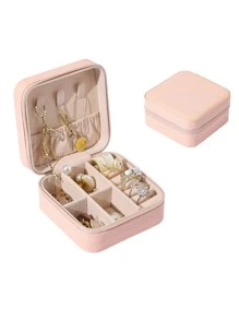 1pc Travel Portable Pu Leather Jewelry Storage Box - Pink - View 4