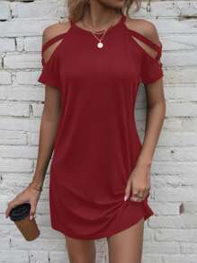 SHEIN LUNE Đầm Cắt ra Hội Chữ thập màu trơn Giải trí - Đỏ - Xem 1