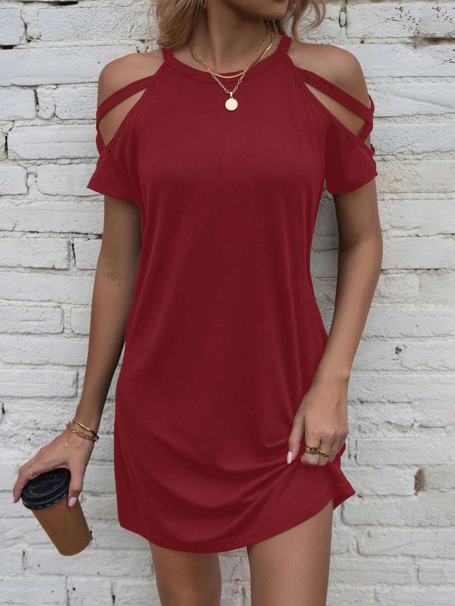SHEIN LUNE Đầm Cắt ra Hội Chữ thập màu trơn Giải trí - Đỏ - Xem 1