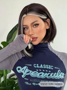 Pelucas Multicolores De 14 Pulgadas De Longitud Negra Media Con Parte Corta Recta Sintética Para Mujeres, Pelucas Para Uso Diario Y De Fiesta - Dos Tonos - Ver 3