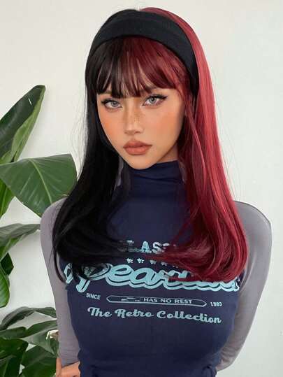 Long Half Red Half Black Wigs with Bangs Straight Halloween Cosplay Women Wigs Synthetic Hair Wigs