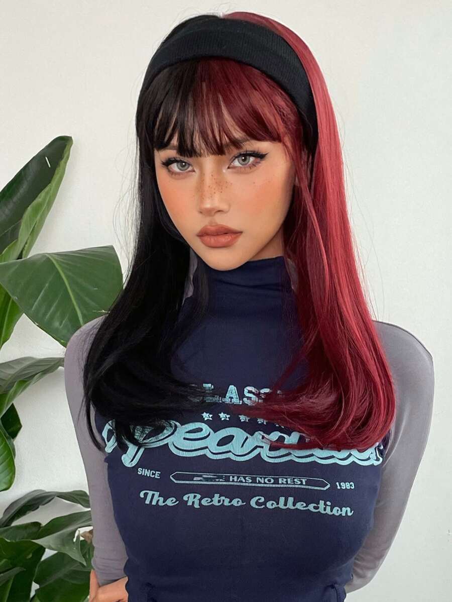 Long Half Red Half Black Wigs with Bangs Straight Halloween Cosplay Women Wigs Synthetic Hair Wigs