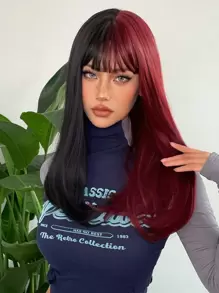 Long Half Red Half Black Wigs with Bangs Straight Halloween Cosplay Women Wigs Synthetic Hair Wigs - Two-Tone - View 6