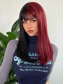 Long Half Red Half Black Wigs with Bangs Straight Halloween Cosplay Women Wigs Synthetic Hair Wigs - Two-Tone - View 7