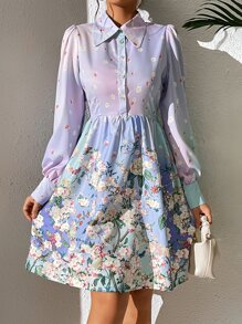 SHEIN LUNE Floral Print Button Front Shirt Dress - Multicolor - View 3