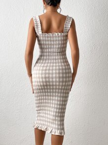 GENKIRA 格紋印花荷葉邊吊帶連衣裙 - 摩卡棕 - 查看 2