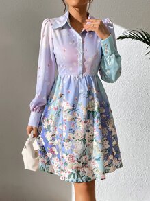 SHEIN LUNE Floral Print Button Front Shirt Dress - Multicolor - View 4