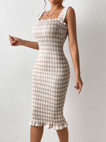 GENKIRA 格紋印花荷葉邊吊帶連衣裙 - 摩卡棕 - 查看 3