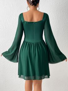 SHEIN Essnce Sweetheart Neck Trumpet Sleeve Ruched Bustier Dress - Dark Green - View 3
