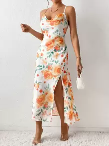 GENKIRA Floral Print Split Thigh Cami Dress - Multicolor - View 1