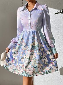SHEIN LUNE Floral Print Button Front Shirt Dress - Multicolor - View 7