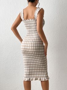 GENKIRA 格紋印花荷葉邊吊帶連衣裙 - 摩卡棕 - 查看 5