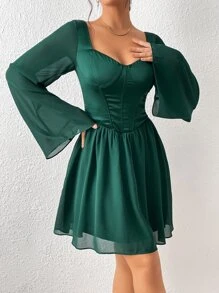 SHEIN Essnce Sweetheart Neck Trumpet Sleeve Ruched Bustier Dress - Dark Green - View 7