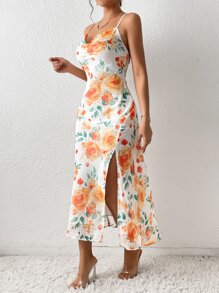 GENKIRA Floral Print Split Thigh Cami Dress - Multicolor - View 5