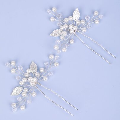 2pcs Leaf & Faux Pearl Decor Wedding Hair Pin