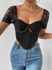 SHEIN SXY Contrast Lace Cut Out Bandana Hem Bustier Crop Top - Black - View 1