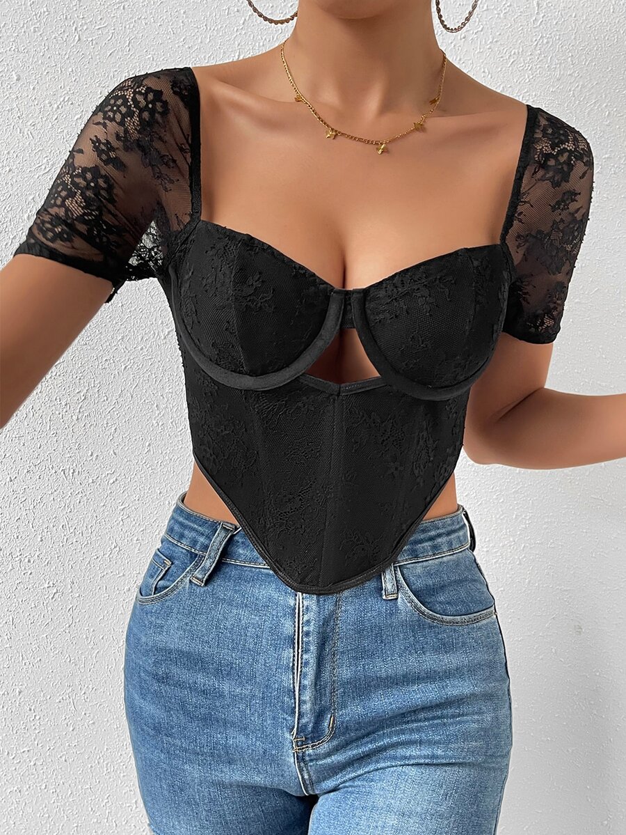 SHEIN SXY Contrast Lace Cut Out Bandana Hem Bustier Crop Top - Black - View 1