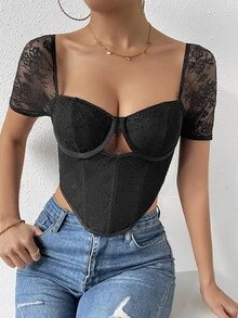 SHEIN SXY Contrast Lace Cut Out Bandana Hem Bustier Crop Top - Black - View 5