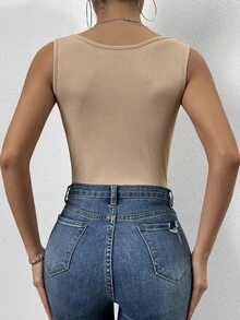 SHEIN Essnce Áo liền quần ôm nữ Gân đan màu trơn Giải trí - Màu Khaki - Xem 2