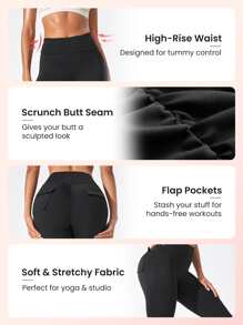 Easithlete Leggings deportivos de impacto medio Leggings deportivos con control de barriga y glúteos con bolsillos traseros con solapa - Negro - Ver 3