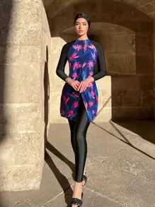 3packs Tropical Print High Neck Rashguard & Swim Cap Summer Beach - Multicolor - View 1